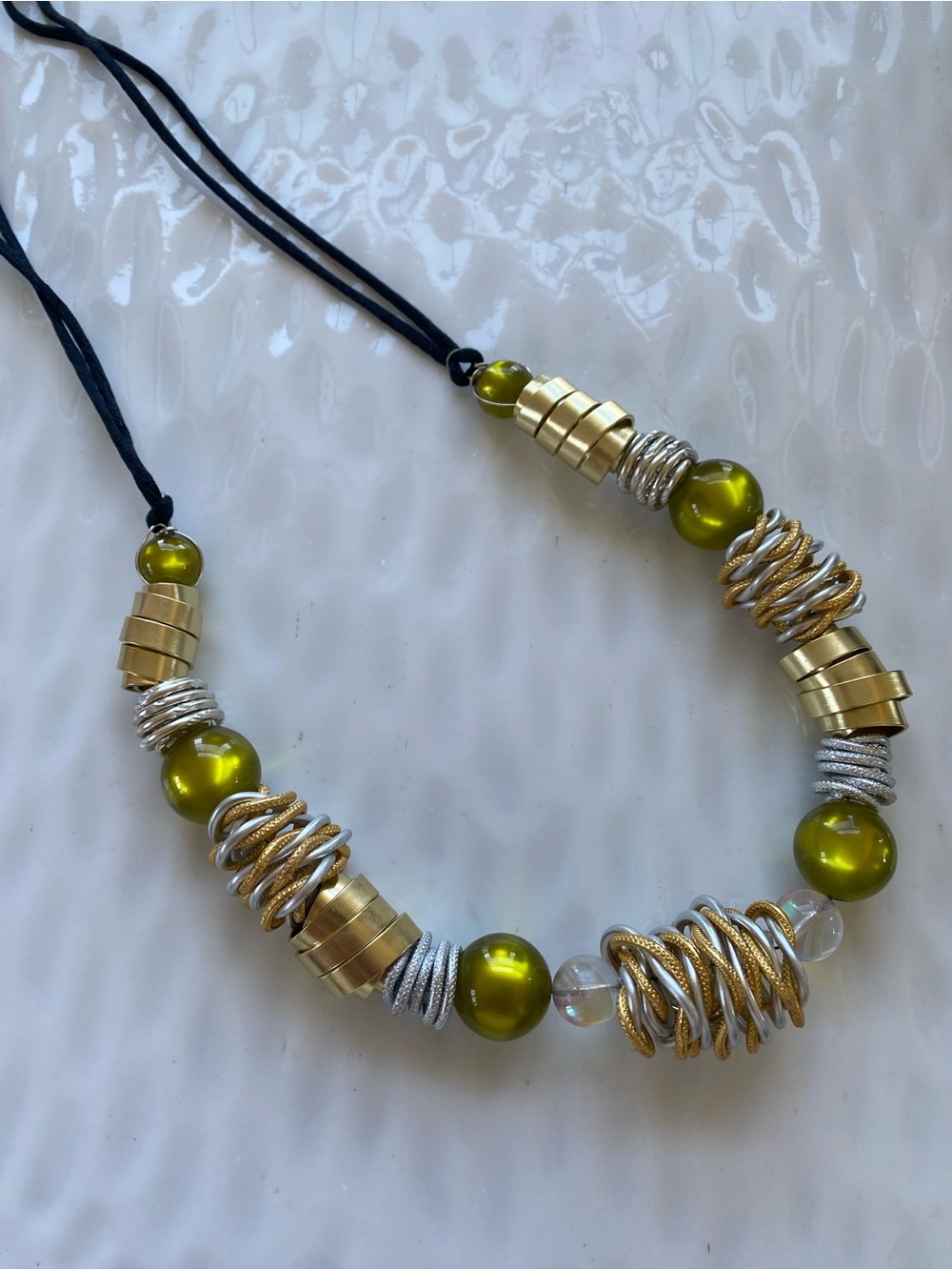 Olive Green and Gold Freestyle Statement Necklace - Picture 4 of 7